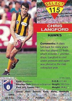 1994 Select AFL #115 Chris Langford Back